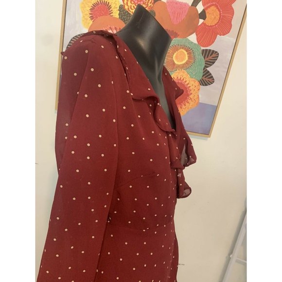LA VIE BOHEME Burgundy Polka Dot Long Sleeve Frill Wrap Dress Sz 6 - Picture 5 of 9